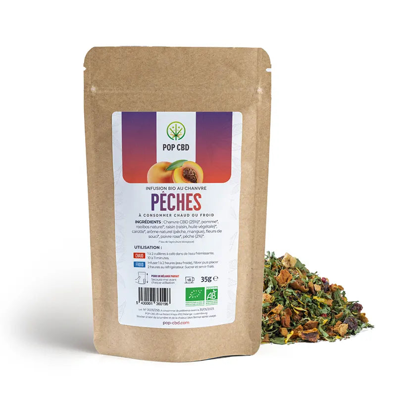 Infusion CBD Bio Saveur Pêche – 25% de CBD pour une Détente Fruitée