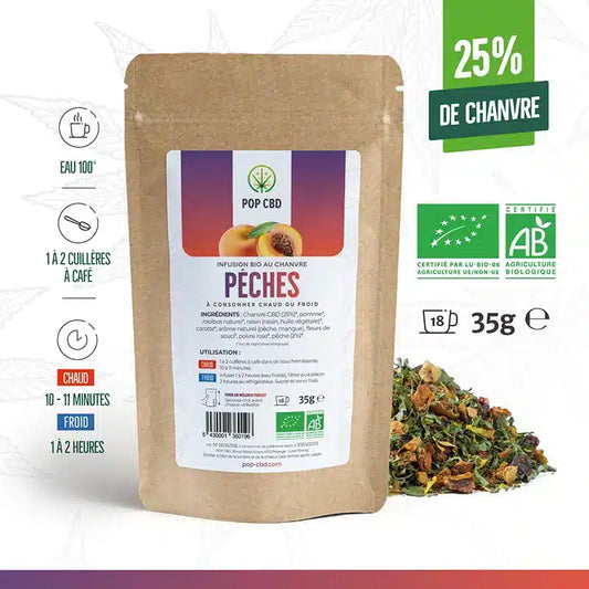 Infusion CBD Bio Saveur Pêche – 25% de CBD pour une Détente Fruitée